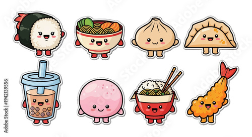 Smiling sushi ramen dumpling boba shrimp cartoon kawaii food characters flat lay