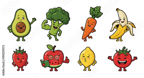 Eight cheerful cartoon fruits and veggies on clean white background illustration