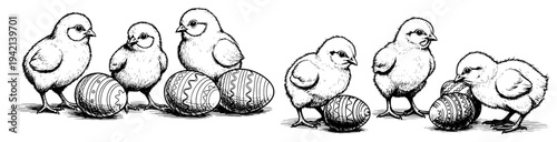 Cute hand drawn sketches of baby chicks interacting with patterned Easter eggs