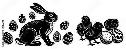 Artistic woodcut style silhouettes of an Easter rabbit with chicks and decorated eggs