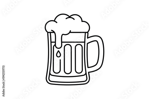 A detailed illustration of a foamy beer mug with a handle, outlined in black lines on a white background, perfect for pub or brewery branding and advertising materials.