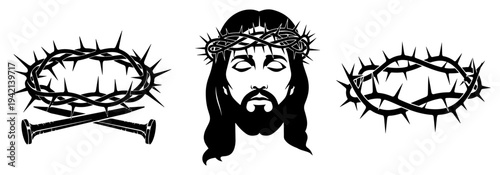 Religious illustration set of Jesus Christ with crown of thorns and crucifixion nails