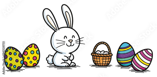 Cute easter bunny with basket and colorful decorated eggs illustration