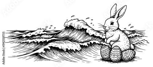 Easter bunny sitting with eggs on beach with ocean waves