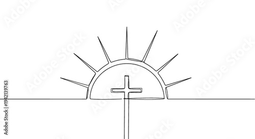 Simple line drawing of cross on hill at sunrise