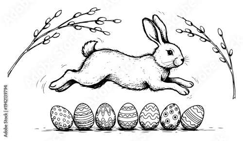 Artistic hand drawn sketch of a rabbit jumping over decorated Easter eggs with willow catkin branches
