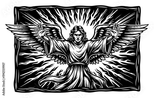 Vintage woodcut engraving of angel with open wings and light rays