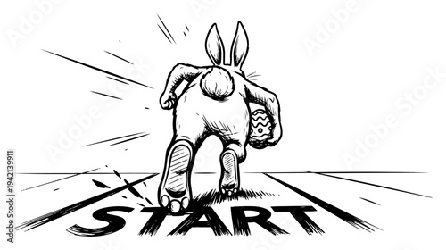 Easter bunny runner taking off from start line holding an egg