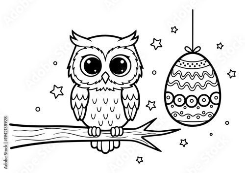 Adorable owl sitting on a tree branch next to a hanging decorated Easter egg in line art style