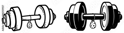 Fitness theme Easter illustration featuring dumbbells with hanging decorated eggs in black and white