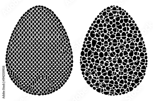 Abstract Easter egg silhouettes composed of various small geometric shapes and dots in black and white