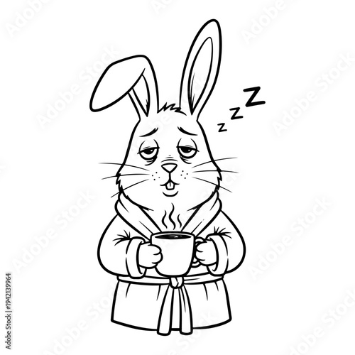 Funny cartoon illustration of a tired rabbit wearing a bathrobe and holding a cup of coffee