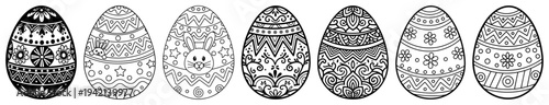 Collection of seven decorative Easter eggs with various intricate patterns and floral motifs in line art style