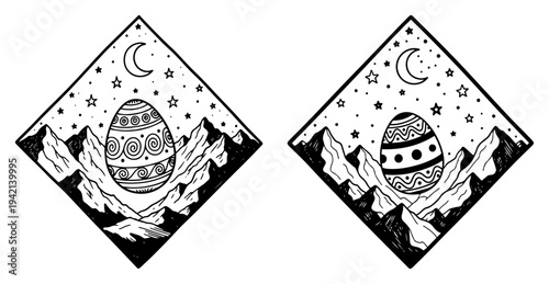 Mystical landscape with giant easter egg and moon in diamond frame