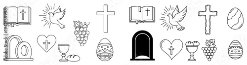 Christian religious easter icons set with cross bible and tomb