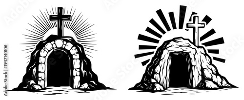 Religious illustration of the empty tomb of Jesus with a cross and radiant light beams