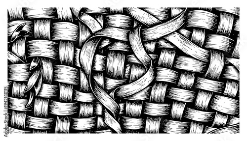 Detailed hand drawn sketch of a woven wicker texture with ribbon in engraving style