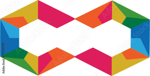 The logo features various colorful polygonal shapes including shades of pink, orange, yellow, green, and blue, representing diversity, creativity, and endless possibilities through a structured, cryst