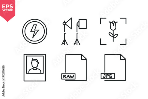 Set of line icons related to photo, RAW file, JPG file, lighting, macro photo, flash. Editable stroke. Vector illustration