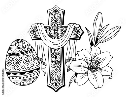 Religious easter composition with cross lily flower and decorated egg