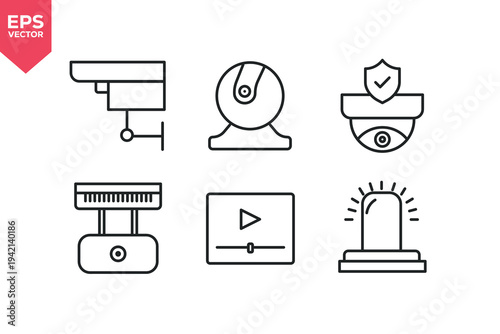 Set of line icons related to video surveillance camera, security camera, safety, video recording. Editable stroke. Vector illustration