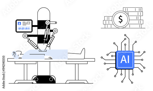 Medical technology, robotics, AI in healthcare, surgical automation, healthcare innovation, financial implications. A robot performing surgery with currency and AI chip symbols. Medical technology