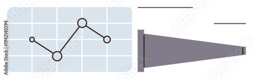 Data visualization, business analytics, market research, exploration, forecasting, and trend analysis. Line graph with data points, telescope on the right. Data visualization and business analytics