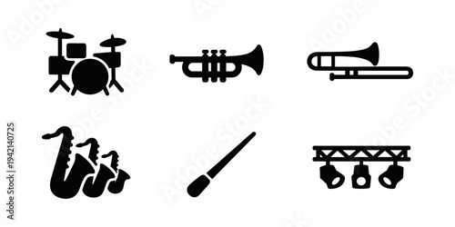 Musical Instruments and Performance Equipment Icons - Drums, Trumpet, Trombone, Saxophone, Stage Lights - Solid Black Icon Set Vector Illustration