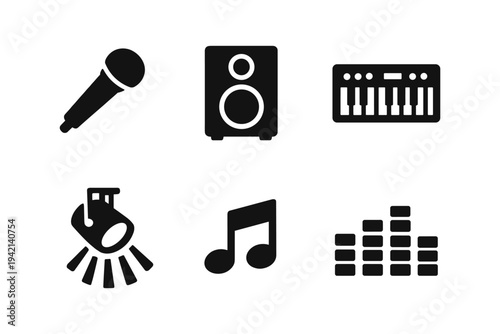 Audio Music Production Icons - Microphone, Speaker, Synth, Equalizer - Solid Black Icon Set Vector Illustration