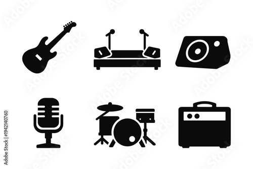 Live Music Performance and Stage Equipment Icons - Guitar, Drums, Microphone - Solid Black Icon Set Vector Illustration
