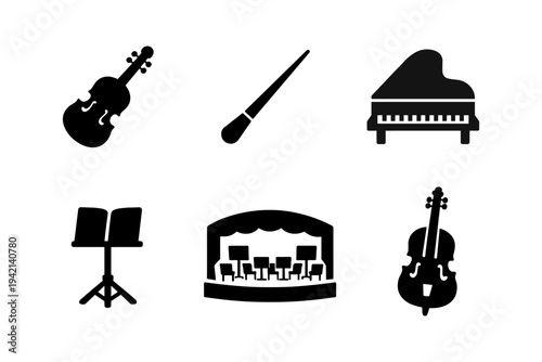 Classical Music Orchestra and Instruments Icons - Violin, Piano, Stage - Solid Black Icon Set Vector Illustration