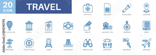 travel icon set, hotel, train,compass,backpack, and amusement park. Simple vector symbols collection