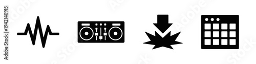 Electronic Music and Beat Production Icons - Sound Wave, DJ Controller, Bass Drop and Drum Pad - Solid Black Vector Illustration