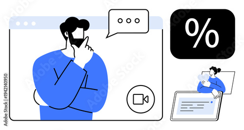 Online communication. Person engaging in video chat from a browser window and another individual on a tablet. Online communication enhances collaboration and productivity. For remote work, digital