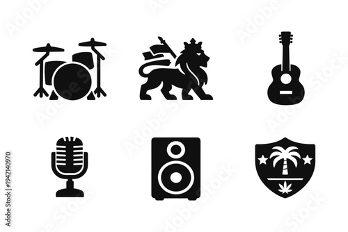 Music Icons Set - Drum Kit, Guitar, Microphone, Speaker and Reggae Lion Symbols Solid Vector