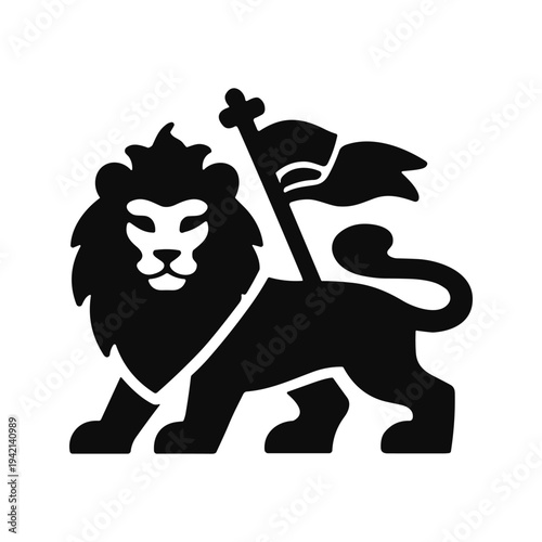 Lion of Judah Symbol with Flag - Reggae Rastafari Emblem Solid Black Vector Icon
