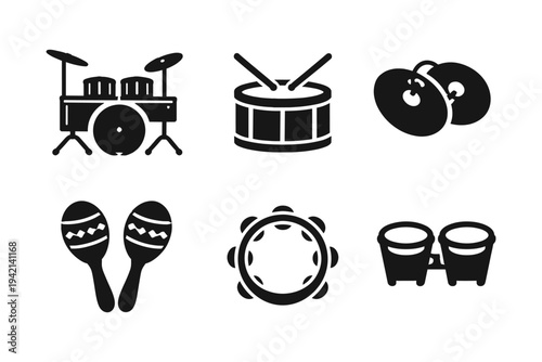 Percussion instruments icons solid black icon set vector illustration