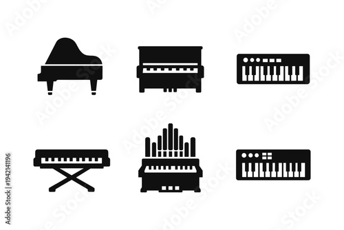 Keyboard instruments icons solid black icon set vector illustration