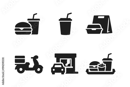 Fast food delivery solid black icon set vector illustration