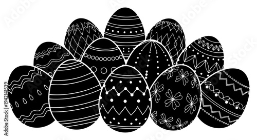 Group of decorated Easter eggs with various patterns and ornaments coloring page illustration