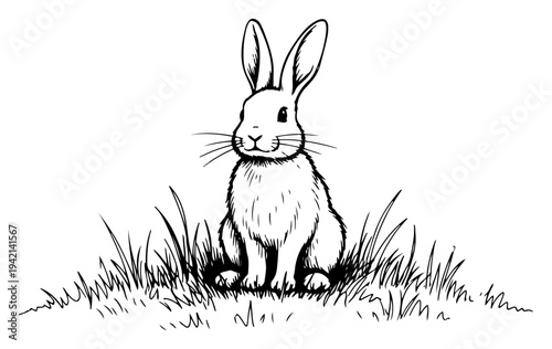 Realistic rabbit sitting in a grass meadow in hand drawn line art style