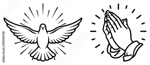 Holy spirit dove and praying hands with rays in symbolic line art style