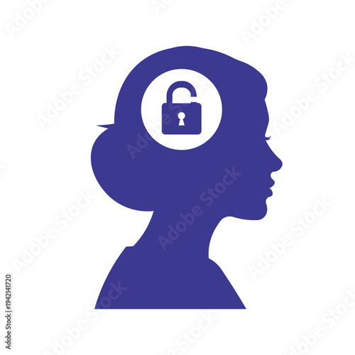 Silhouette of a woman's head with an unlocked padlock inside symbolizing mental freedom