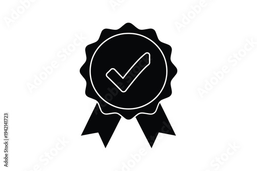Black vector checkmark icon on a rosette award ribbon, symbolizing approval, confirmation, and achievement in a simple, modern design element.