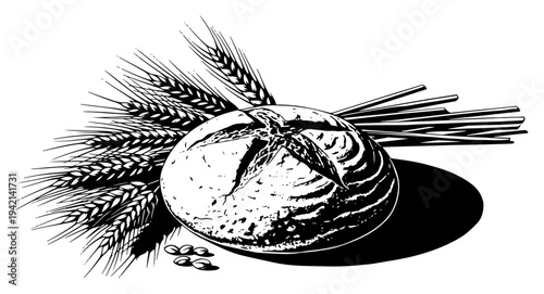 Bread loaf with wheat ears and grains in vintage engraving style