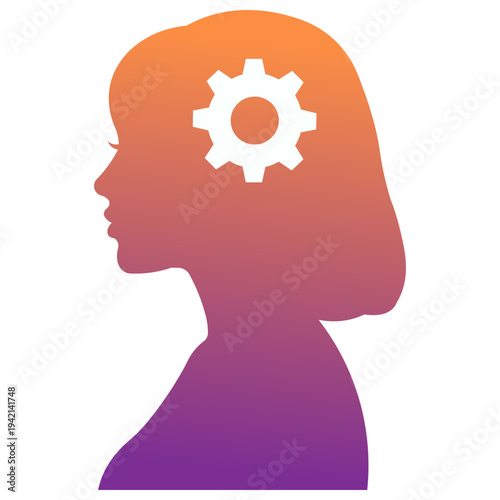 Silhouette of a woman's head with a gear inside, symbolizing thought and intellect