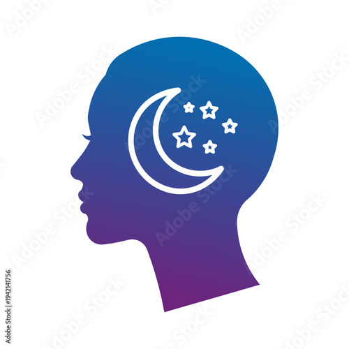 Silhouette of a woman's head with a moon and stars inside representing dreams