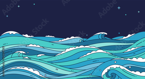 Ocean Waves Night Seascape Marine Nature Background Illustration