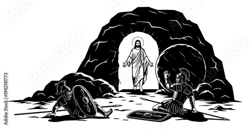 Jesus Christ resurrection from the tomb with roman soldiers in vintage engraving style