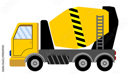 Yellow concrete mixer truck, heavy industrial vehicle with rotating drum for construction industry vector illustration isolated on white background.